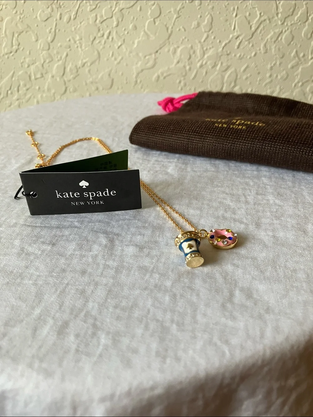 kate spade: Gold Tone Pink donut & coffee cup charm necklace